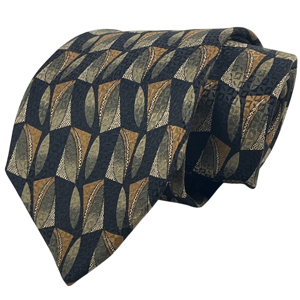 Vintage Italian Silk Tie Today's Man Geometric‎ Navy Olive Tan Mens